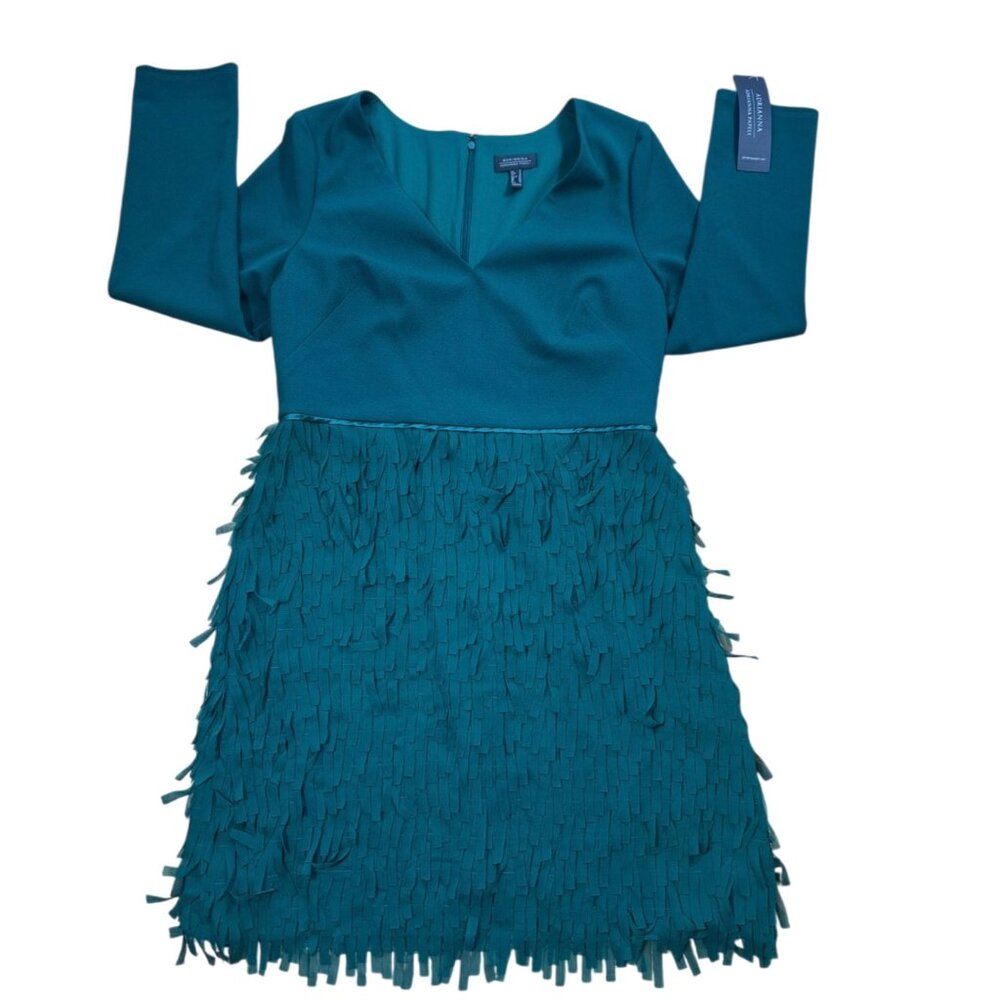 NWT Women’s Adrianna Papell Fringed Crepe & Chiffon Mini Dress Green Size 12 - Picture 6 of 6